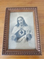 Petit tableau religieux ancien Christ sous verre cadre en bois sculpté 2x12x16