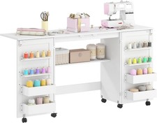 Table de Couture Pliante, Meuble Couture à roulettes avec 2 Portes magnétiques