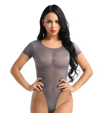 Body sexy échancré gris mesh fine résille transparent original manches courtes