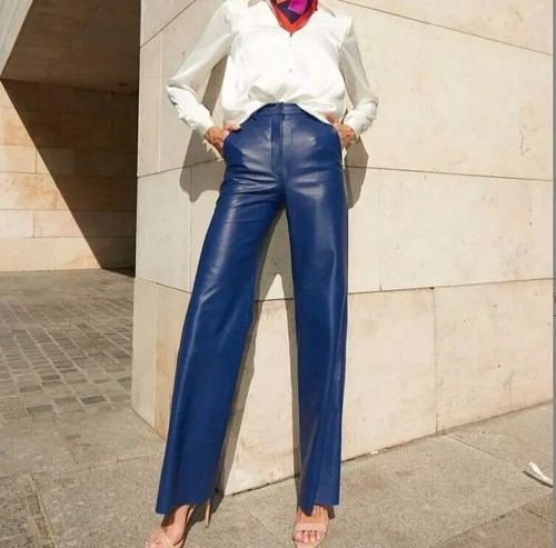 Pantalon cuir agneau - cuir, bleu