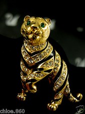 SIGNED SWAROVSKI  TIGER CAT PIN ~ BROOCH 22 KT GOLD PLATING  RETIRED NEW