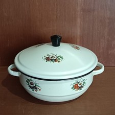 Jolie Marmite En Tôle Émaillée Beige, Décor Floral,Cocotte Vintage Couvercle