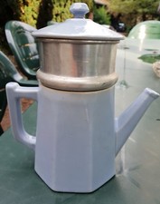 Rare Ancienne cafetière en terre cuite émaillée bleu ciel collection 1950