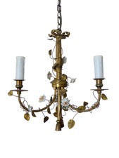 French Antique Bronze Louis XVI Chandelier Porcelain Flowers Ribbon 1930 Foliage