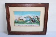 Ancien tableau broderie de perles miniature "Souvenir d'amitié" chasse cerf