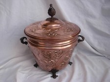 ANTIQUE FRENCH EMBOSSED COPPER BRONZE COVERED POT,IRIS,ART NOUVEAU.