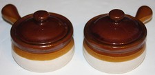 EUC Set of 2 Stoneware Pottery Cookware Bakeware Handle Soup Bowl 