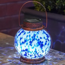 17.5cm Solaire LED Lanterne Bleu & Blanc Verre Extérieur Jardin Suspendu