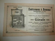 Publicité Cuisinière Fonte Girafe.. A. DEMANGE KLEIN SAVERNE alsace
