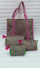 Indien Vert Rayé Matelassé Épaule Sac Coton Avec 3 Articles de Toilette Set US