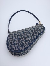 CHRISTIAN DIOR Saddle Bag Trotter Blue Canvas Leather Gold Shoulder Vintage