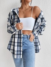 CHEMISE POLAIRE LEGER DOUCE CARREAUX BLEU BLANC CAPUCHE GRIS T. L = 42 44 NEUF