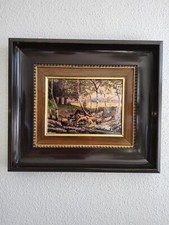 Grand cadre émaux sur cuivre Limoges paysage aux moutons signé P. Bonnet XXème