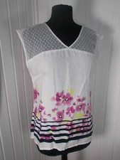 Top tee shirt débardeur TERRE DE MARINS sans manches T3 40 blanc rayé bleu fleur