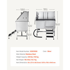 Baignoire Chien Animaux Compagnie Acier Inox 127 Cm Filtre Escalier Droit