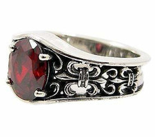 Bague en argent sterling 925 avec grenat rouge Gothique Fleur De Lys Nouveau