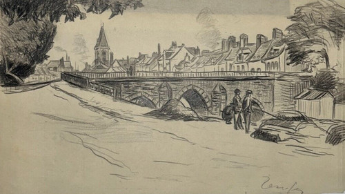 Pont village pecheurs - village, dessin