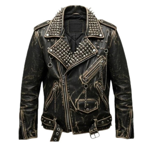Studded black leather biker - black,