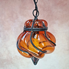 Lustre fer forgé et verre soufflé ambré - style marocain vintage