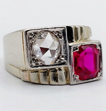 Chevalière art deco or blanc 18k diamant taille rose 0.55 carat et rubis (1930)