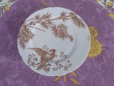 Biscuitier Plat Sur Pied Faience Longwy Modèle Oiseaux Bambous Déco Sépia 22,5cm