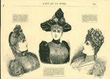Gravure ancienne 1889 mode chapeaux dessin de G. de Billy issue du livre