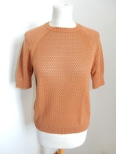 haut T36/38 marron clair manches courte maille fine ajourée pull léger été 947a