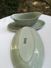 Saucière sur dormant et petit plat Faïence de Longwy Années 30-Couleur vert gris