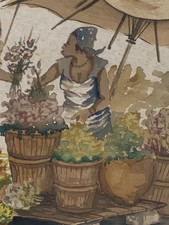 Tableau ancien aquarelle scène de genre marché animé Malgache signé