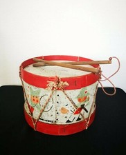 Ancien Vintage Tambour En Tôle Signé Baguettes Napoléon Décor Fanfare Enfant