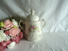 Ancien sucrier porcelaine blanche décor fleurs roses shabby