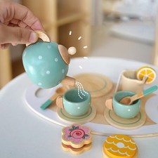 15 Pièces Tea Party Vaisselle en Bois Jouet d'Artisanat en Bois pour Enfants
