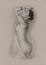 Femme sexy Dessin signé Nu féminin Modèle sensuelle Seins Corps Fesses Réalisme