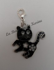 CHARM BRELOQUE CHAT NOIR METAL A FERMOIR POUR BRACELET CREATION BIJOUX PERLES