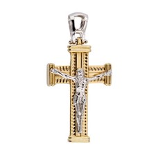 Pendentif Croix Or Jaune 18 Ct Avec Jésus En Or Blanc 18 Ct Finitions Laser N...