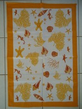 TORCHON IMPRIME ANIMAUX MER ETOILE HIPPOCAMPE COQUILLAGES