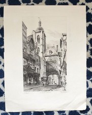 Belle Gravure Originale XIX ème par Henri Toussaint - Rouen - La Grosse Horloge 