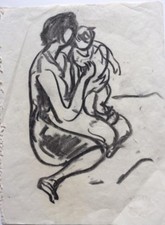 René Seyssaud- Dessin fusain - Femme et son enfant- Pv2
