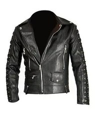 Blouson motard homme 100 % cuir véritable noir veste à manches lacets...