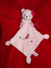 Doudou Peluche Pommette Ours Rose Mouchoir Brodé Oiseau