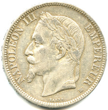 5 francs argent Napoléon III , tête laurée 1869 BB n°6386