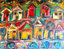 Tableau oeuvre unique Marc Zarka Art Brut "Les Cabines De Plages" 60x70 cm