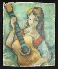 Anonyme Jeune fille à la guitare guitariste espagnole gitane c1950 dessin origin