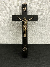 Ancien Crucifix Croix Pendentif en Bois Ebène et Laiton