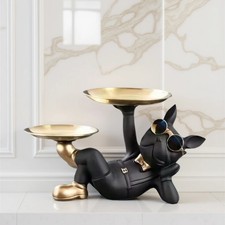 Statue bouledogue plateau noir et or – Vide-poche décoratif design (33×20×20 cm)