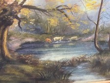 Tableau pastel fin XIXe signé A. Leroumeau aux vaches près de l'étang