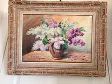 Tableau Dessin Pastel Nature Morte Bouquet Lilas Fleurs Signe Lebailly Encadré