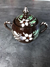Ancien pot ancé couvercle Soufflenhe en terre cuite vernis - brun foncé à fleurs
