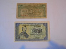 Tchecoslovaquie 2 billets de 10KRS et 20KRS