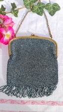 ANCIEN PETIT SAC A MAIN EN PERLES BLEUES  FRANGE BOURSE POCHETTE SAC DE BAL 1900